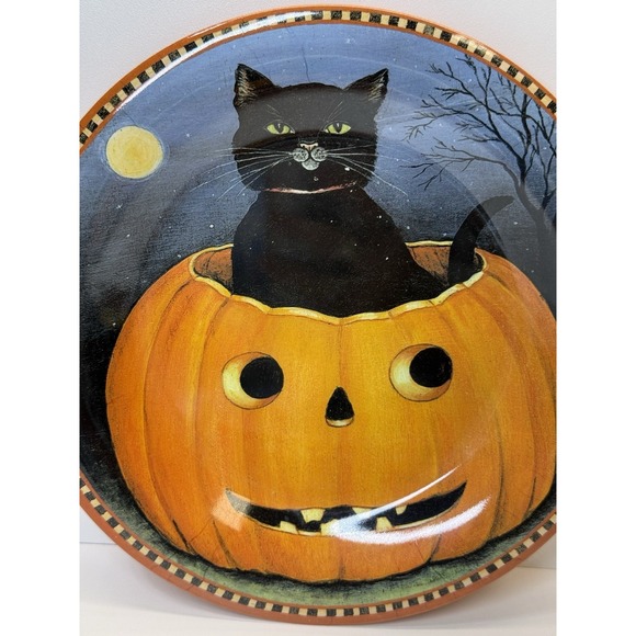 Vintage Melamine Halloween Black Cat Pumpkin Jack o Lantern Plate 9" Set Of 3 - Picture 2 of 6